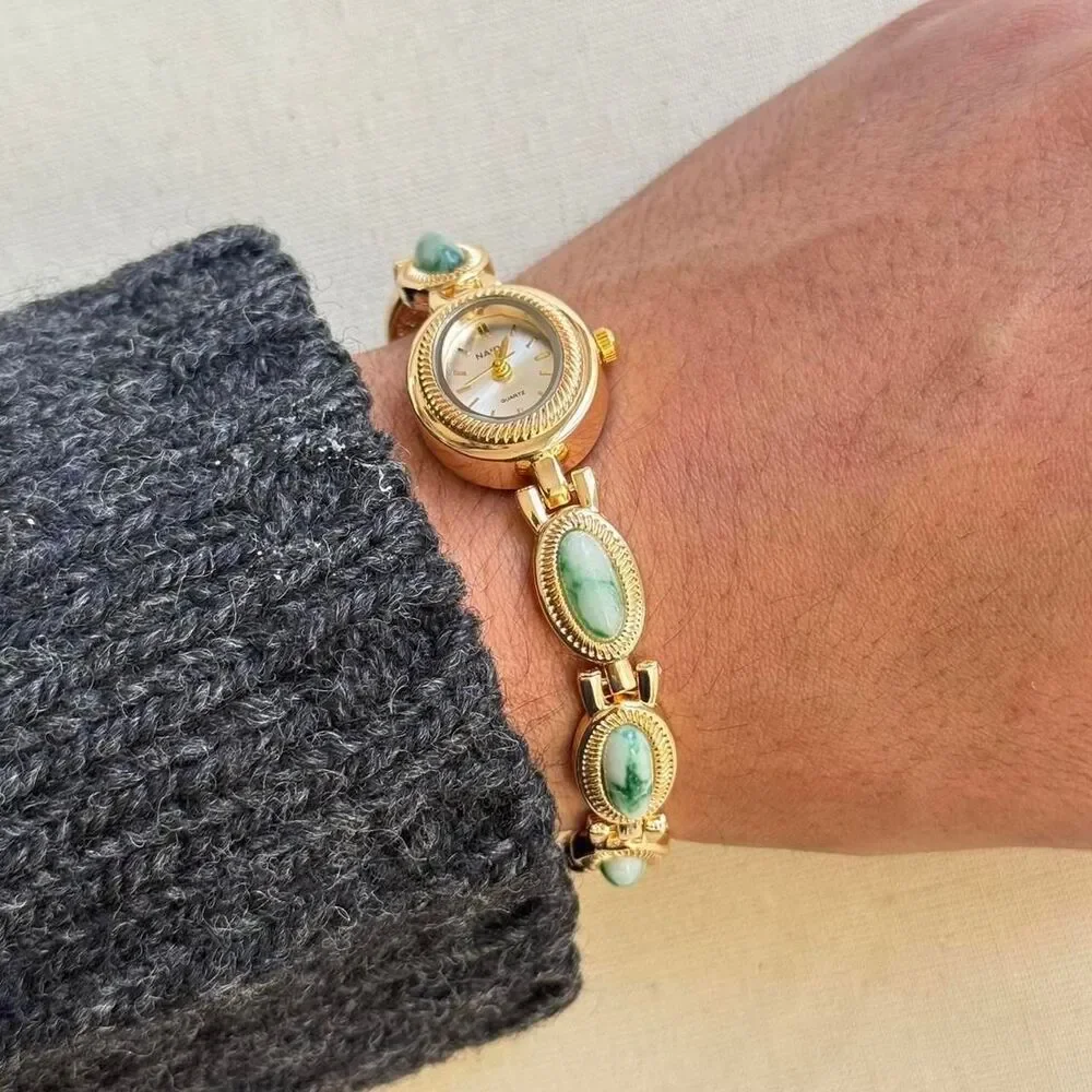 y2k cute gold round stainless steel quartz green stone charm watch
